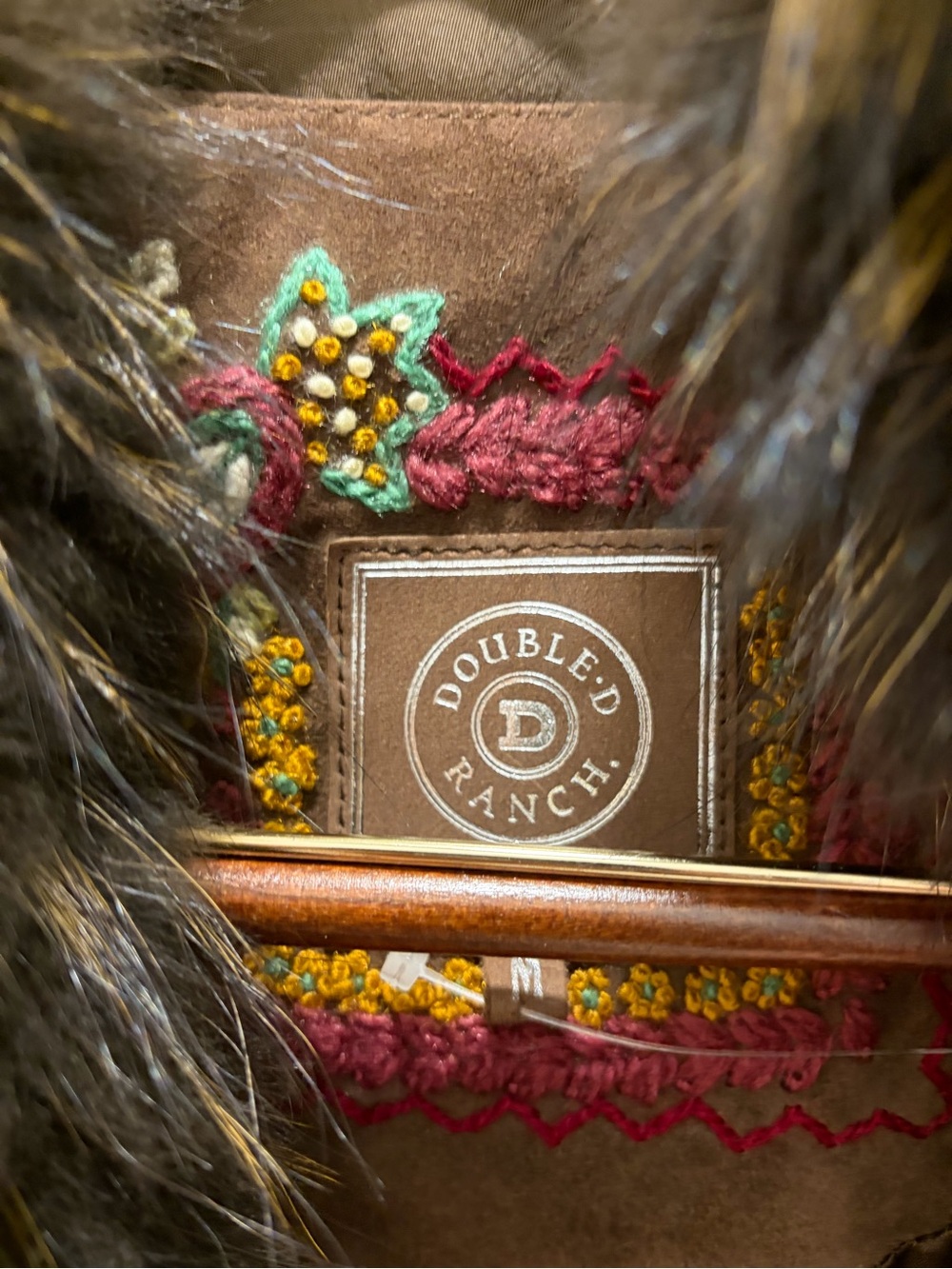 Double D Ranch Brown Leather Trench Coat with Fur Trim and Embroidered Cuffs - Picture 3 of 6